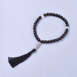 Black Religion Allah Bracelets, with Sandalwood, Natural Quartz Crystal Beads, Polyester Tassel Decorations, Alloy Findings, Burlap Packing Pouches, Antique Silver, Black, 10-5/8 inch(27cm)(83mm inner diameter)