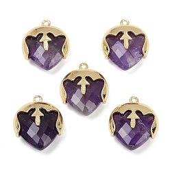 Аметист Граненые подвески из натурального аметиста, с подвесками в форме слезы из латуни с покрытием стойки, золотые, 22.5x19x8 мм, отверстие : 1.6 мм