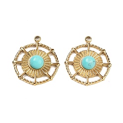 Синтетическая Бирюза Ионное покрытие (ip) 304 подвески из нержавеющей стали, Плоские круглые подвески из синтетической бирюзы, реальный 18 k позолоченный, 19x16x4 мм, отверстие : 1.4 мм