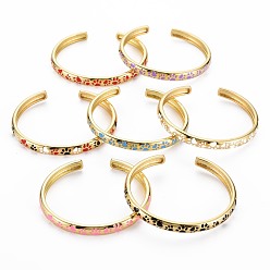 Mixed Color Footprint Enamel Cuff Bangle, Real 18K Gold Plated Brass Thin Open Bangle for Women, Nickel Free, Mixed Color, Inner Diameter: 1-7/8x2-1/8 inch(4.7x5.5cm)