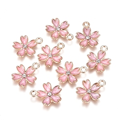 Pink Подвески из эмали и сплава, с кристально горный хрусталь, цветок сакуры, золотые, розовые, 17x14x2.5 мм, отверстие : 1.6 мм