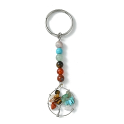 Stainless Steel Color Gemstone Tree of Life Keychain, with 304 Stainless Steel Keychain Clasp, Stainless Steel Color, 9.7cm