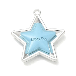 Sky Blue Spray Painted Alloy Pendants, Star with Word Lucky Star Charms, Platinum, Sky Blue, 26x24x5mm, Hole: 1.6mm