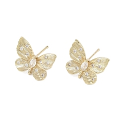 Настоящее золото 14K Фурнитура для сережек-гвоздиков с бабочками из латуни с микропаве из прозрачных кубических цирконий, без свинца, без кадмии и без никеля, с петлей, реальный 14 k позолоченный, 14.5x16 мм, отверстие : 1.2 мм, штифты : 12x0.8 мм