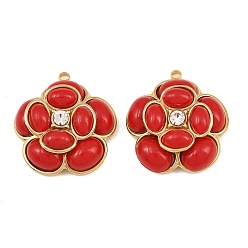 Red 304 Stainless Steel Pendants, with Opaque Acrylic & Crystal Rhinestone, Flower Charms, Golden, Red, 23x21x8mm, Hole: 1.4mm