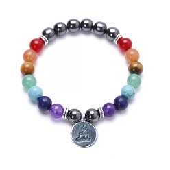 Colorful Alloy Buddha Charm Chakra Round Gemstone Beaded Stretch Bracelets, Platinum, Colorful, 7.28 inch(18.5cm)