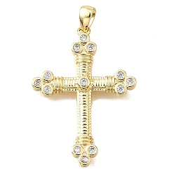 Настоящее золото 18K Латунные микропаве прозрачные подвески с фианитом, крест прелести, без свинца и без кадмия, стойки покрытие, долговечный, реальный 18 k позолоченный, 29x20x2.5 мм, отверстие : 4x2 мм