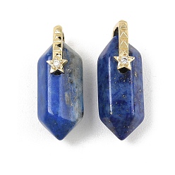 Lapis Lazuli Pendentifs doubles terminaux en lapis-lazuli naturel, Breloques en forme de balle facettée avec étoile pavée de zircon cubique transparent en laiton, réel 18 k plaqué or, sans cadmium et sans plomb, crémaillère plaquage, plaqué longue durée, 21~22x12~13x8.5~9mm, Trou: 0.8~1.5x6.5mm