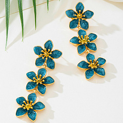 Стально-синий Серьги-гвоздики из цветочного сплава и страз, с эмалью, золотые, стальной синий, 72x25 мм