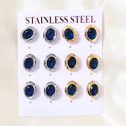 Medium Blue 6 Pairs 304 Stainless Steel Pave Cubic Zirconia Stud Earrings, Oval, PVD Vacuum Plating, Golden & Stainless Steel Color, Medium Blue, 12.5x10mm