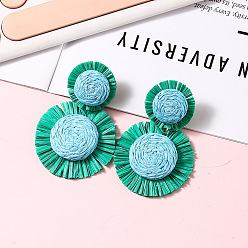 Светло-Голубой Серьги-гвоздики из рафии в богемном стиле, цветок, Небесно-голубой, 70x45 мм