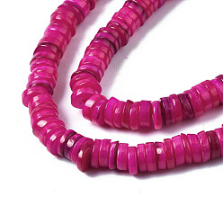 Fuchsia Natural Freshwater Shell Beads Strands, Dyed, Flat Round/Disc, Heishi Beads, Fuchsia, 5~6x1~2mm, Hole: 1mm, about 205~215pcs/strand, 15.35 inch(39cm)
