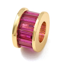 Medium Violet Red Brass Pave Cubic Zirconia European Beads, Large Hole Beads, Column, Golden, Medium Violet Red, 6x9mm, Hole: 4.5mm