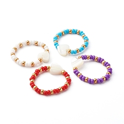 Mixed Color Handmade Glass Seed Beads Stretch Rings, with Natural Shell Beads & Round Rocailles Beads, Heart, Mixed Color, US Size 10 3/4(20.3mm)