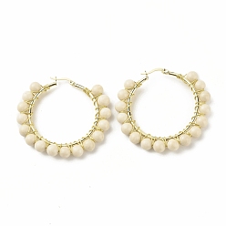 Ископаемое Женские серьги-кольца из натурального ископаемого бисера, большие круглые серьги-кольца из настоящей позолоченной проволоки 18k, 47~49x51~52x6~6.6 мм, штифты : 1.4x0.4 мм