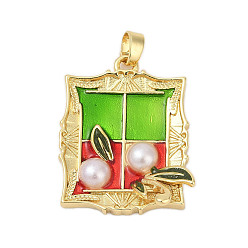 Разноцветный Латунь эмаль подвески, с имитацией жемчуга, прямоугольник с подвесками в виде листьев, стойки покрытие, прочное покрытие, без кадмия и без свинца, красочный, 25.5x21x5.5 мм, отверстие : 4x2.5 мм