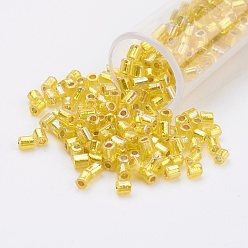 Yellow 11/0 Two Cut Round Hole Glass Seed Beads, Hexagon, Silver Lined, Rainbow Plated, Yellow, 2x2mm, Hole: 0.5mm, about 41000pcs/pound