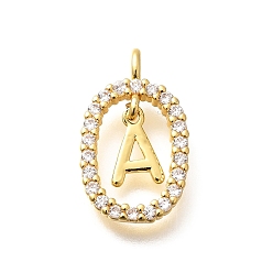 Letter A Латунные микро проложить кубического циркония подвески, без кадмия, без никеля и без свинца, реальный 18 k позолоченный, овал с подвесками в виде букв, буква a, 18.5x11x3.5 мм, отверстие : 2x1.5 мм