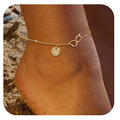 Letter N Латунные двойные сердечки плоские круглые инициалы браслеты на ногу для женщин, золотые, Письмо N, 9-1/8 дюйм (230 мм)