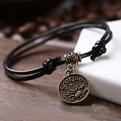 Скорпион Сплав плоский круглый с подвесками в виде созвездий двухслойный черный шнурок из искусственной кожи регулируемые браслеты на щиколотку, античная бронза, Скорпион, внутренний диаметр: 2-3/4~4-3/4 дюйм (70~120 мм)