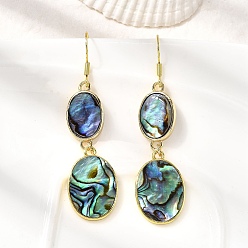 Oval Серьги-подвески из натуральной латунной раковины морского ушка, долговечный, стойки покрытие, реальный 18 k позолоченный, овальные, 64x15.5 мм