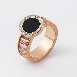 Roségold 304 Edelstahl-Strass-Fingerringe für Damen, Runde, Roségold, 12 mm, us Größe 7 (17.3 mm)
