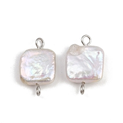 Нержавеющая Сталь Цвет Подвески-коннекторы из натурального пресноводного жемчуга Кеши с квадратной головкой, с 304 двойными петлями из нержавеющей стали, белые, цвет нержавеющей стали, 17~19x10~13x3.5~5.5 мм, отверстие : 1.6~2.5 мм