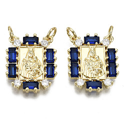 Blue Brass Micro Pave Cubic Zirconia Pendant Link, with Jump Rings, Rectangle with Man, Nickel Free, Real 16K Gold Plated, Blue, 20x16.5x3mm, Jump Ring: 5x0.8mm, Inner Diameter: 3mm