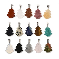 Piedra Mixta Colgantes de piedras preciosas naturales y sintéticas mezcladas, encantos del árbol de navidad, con enganche de latón en tono platino bajo fianza, 26~27x20~20.5x4.5~5 mm, agujero: 7x4.5 mm