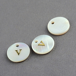 Letter V Freshwater Shell Pendants, Flat Round with Gold Blocking Letter.V, 11.5x2mm, Hole: 1.5mm