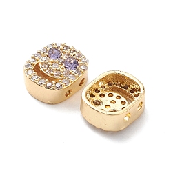 Lilac Brass Micro Pave Cubic Zirconia Beads, Lead Free & Cadmium Free, Long-Lasting Plated, Real 18K Gold Plated, Oval with Smiling Face, Lilac, 9x8x4mm, Hole: 1mm