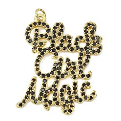 Настоящее золото 18K Латунные микро проложить кубического циркония подвески, слово черная девушка магические амулеты, долговечный, стойки покрытие, без свинца и без кадмия, реальный 18 k позолоченный, 38x29x2 мм, отверстие : 3.5 мм