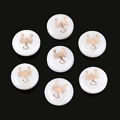 Скорпион Естественных пресноводных стеклянные бусы, с позолоченными элементами из травленой латуни, плоские круглые с двенадцати созвездий, цвет морской раковины, Скорпион, 11~12x4~6 мм, отверстие : 0.5~0.9 мм