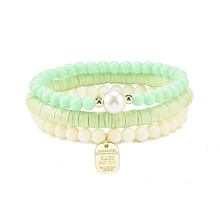 Светло-зеленый 3 браслеты ручной работы из полимерной глины Heishi Surfer Stretch со стеклянным жемчугом, опрятные браслеты с подвесками из сплава для женщин, светло-зеленый, внутренний диаметр: 2-1/8 дюйм (5.5 см)