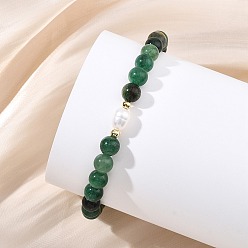 Fuchsite Эластичные браслеты из натурального фуксита и культивированного пресноводного жемчуга с круглыми бусинами для женщин, бусины : 6 мм, внутренний диаметр: 2.19 дюйм (5.55 см)