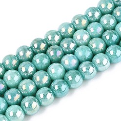 Средний Бирюзовый Гальванические непрозрачные стеклянные бусины, круглые, с покрытием AB цвета, два тона, средне бирюзовый, 8~8.5 мм, отверстие : 1~1.2 мм, около 102~105 шт / нитка, 29.13~30.31'' (74~77 см)