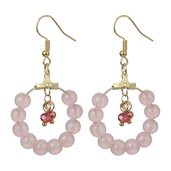 Misty Rose Imitation Jade Glass Beaded Ring Dangle Earrings, Golden Iron Wire Wrap Long Drop Earrings, Misty Rose, 53.5x30mm