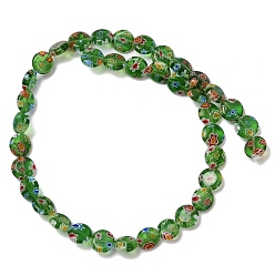 Зеленый Handmade millefiori lampwork beads strands, плоско-круглые, зелёные, 9.5~10x3.5~4 мм, отверстие : 0.6 мм, около 36 шт / нитка, 13.90''~14.41'' (35.3~36.6 см)