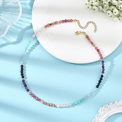 Colorful Natural Rhodonite & Tourmaline & Amethyst & Amazonite & Lapis Lazuli& White Jade & Rose Quartz Faceted Round Beaded Necklaces, with 304 Stainless Steel End Chains, Golden, Colorful, 15.61 inch(39.65cm)