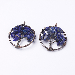 Ляпис-Лазурь Природный лазурит подвески, с латунной фурнитурой , Красная медь, плоские круглые с дерева жизни, 29x5~7 мм, отверстие : 4.5 мм