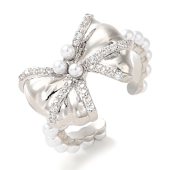 Platinum Rack Plating Brass Micro Pave Cubic Zirconia Cuff Rings, with Plastic Pearls, Long-Lasting Plated, Lead Free & Cadmium Free, Bowknot, Platinum, Adjustable