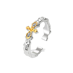 Silver Brass Cross Open Cuff Ring for Women, Silver, 7mm, Inner Diameter: Adjustable