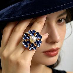 Blue Zinc Alloy Enamel Cuff Open Rings for Women, Flower, with Imitation Pearl, Golden, Blue, 25x25mm, Adjustable