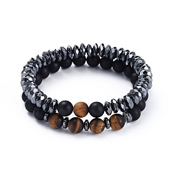 Tiger Eye Natural Tiger Eye Beads Stretch Bracelet Sets, with Non-magnetic Synthetic Hematite Beads, Natural Black Agate(Dyed) Beads and Burlap Drawstring Bags, 1-7/8 inch~2 inch(4.8~5.1cm), 2pcs/set