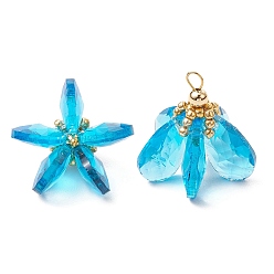 Темно-Голубой Стеклянные подвески, цветочный шарм, с латунными петлями и бисером, граненые, глубокое синее небо, 23~24x24~26 мм, отверстие : 2.5~3x3~3.5 мм