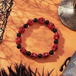 (123L) Белый крем непрозрачный блеск Синтетический бирюзовые бисером браслеты простирания, череп, с расписными стеклянными бусинами, огнеупорный кирпич, внутренний диаметр: 2-1/4 дюйм (5.6 см)