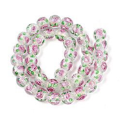 Фламинго Нити из фольги в технике лэмпворк, круглый с цветком розы, фламинго, 10~11 мм, отверстие : 1~1.5 мм, около 40~41 шт / нитка, 14.57~15.63'' (37~39.7 см)