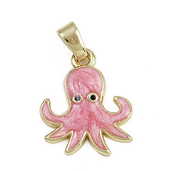 Pink Латунные микро проложить кубического циркония подвески, осьминог, с эмалью, без кадмия и без свинца, реальный 18 k позолоченный, розовые, 20x16x2.5 мм, отверстие : 3 мм