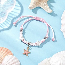 Pink Регулируемые браслеты Корейские парафинированные полиэфирным кордом, Браслеты из европейского бисера из нержавеющей стали и сплава для женщин, морская звезда, розовые, внутренний диаметр: 3 дюйм (7.6 см)