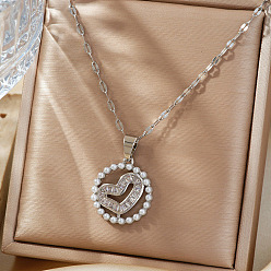 Платина Французские романтические латунные ожерелья с подвеской в виде сердца из прозрачных кубических цирконий и пластикового жемчуга, платина, 15.75 дюйм (40 см)